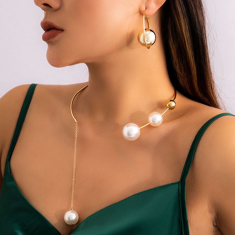 New Minimalist Geometric Personalized Round Bead Collarbone Chain with Niche Design, Open Collar, Cool Style Pearl Necklace_voghion.com