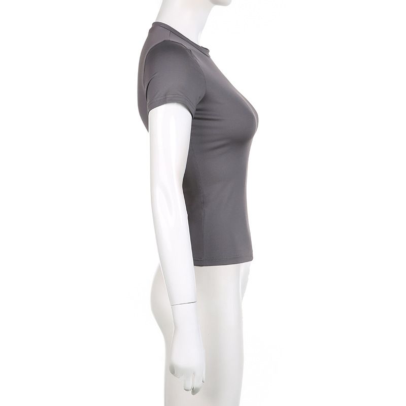 Women's clothing Hottie Casual Women's Wear Solid Color Round Neck Basic Pullover T-shirt Cross-border European and American Slim Short Sleeve Top_voghion.com