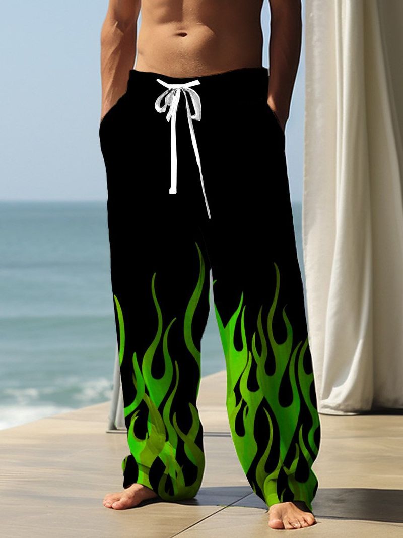 Pantalon de sport décontracté pour hommes printemps et automne tube droit ample double poche cordon de serrage avec imprimé flamme nouveau style_voghion.com