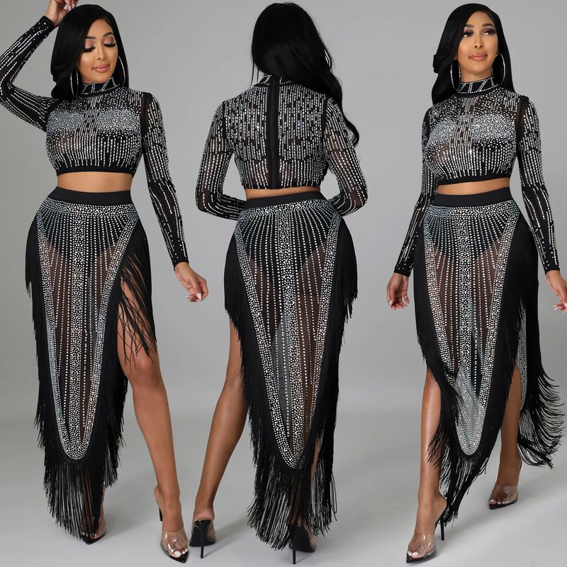 Vêtements pour femmes sexy discothèque chaude maille diamant transparente à manches longues fente longue jupe ensemble deux pièces_voghion.com