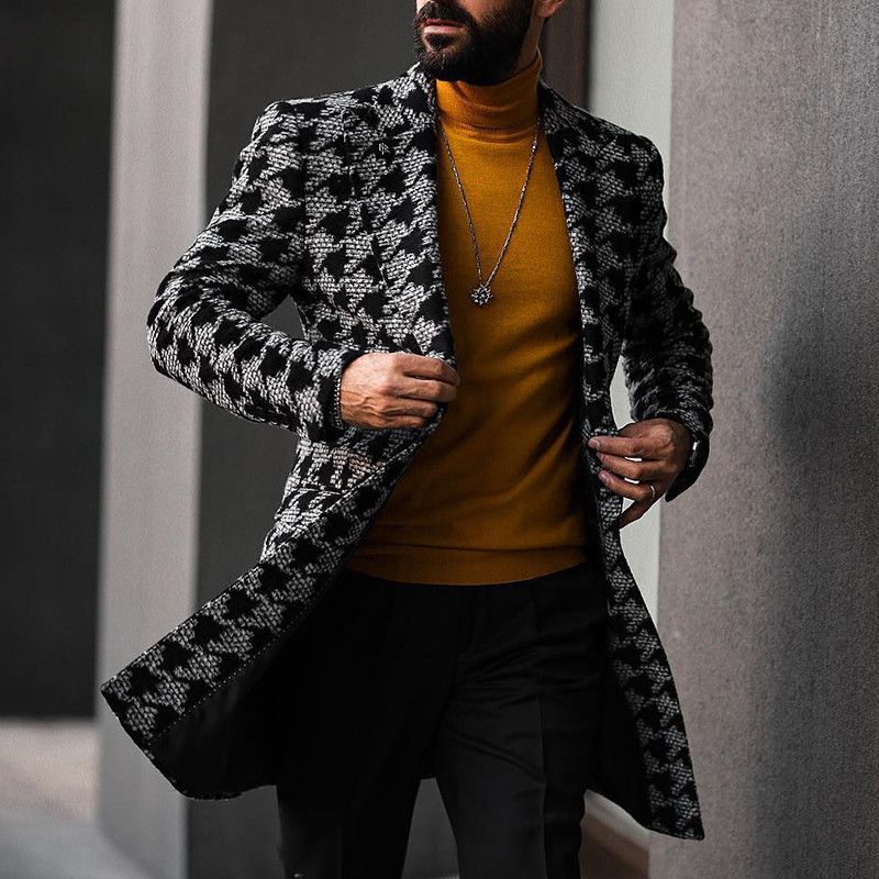 Casaco masculino estampado de comprimento médio com gola de terno de inverno_voghion.com