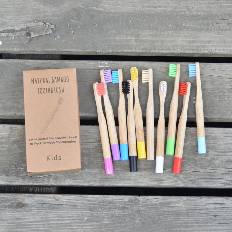Set Of 10 Children's Toothbrushes With Round Handles, Charcoal Soft Bristle Toothbrush, Colored Paint, Wood Handle,_voghion.com