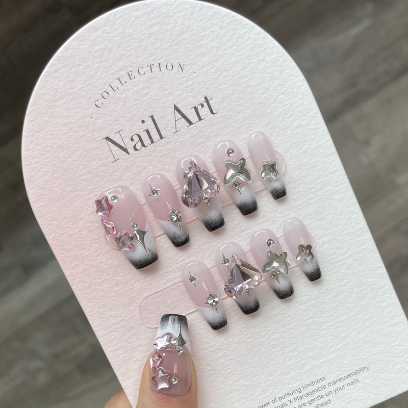 Rosa francese 10 pezzi Y2k punte per unghie balletto lungo fatto a mano unghie finte indossabili unghie finte con strass stampa su N s_voghion.com
