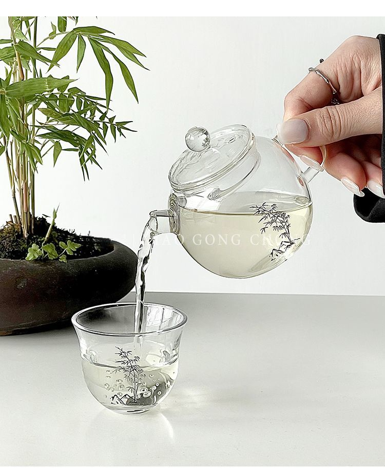 Théière en verre et bambou de style chinois, idéale pour la maison, théière saine et résistante à la chaleur avec filtre._voghion.com
