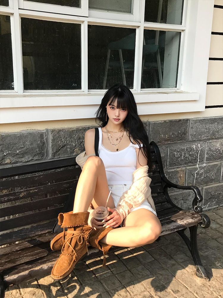 Women Boxing Boots Cowhide Version ~ Niche Inner Height Increase Tassel Woven Lace-Up Boxing Genuine Leather Versatile Slimming Pile Boots_voghion.com