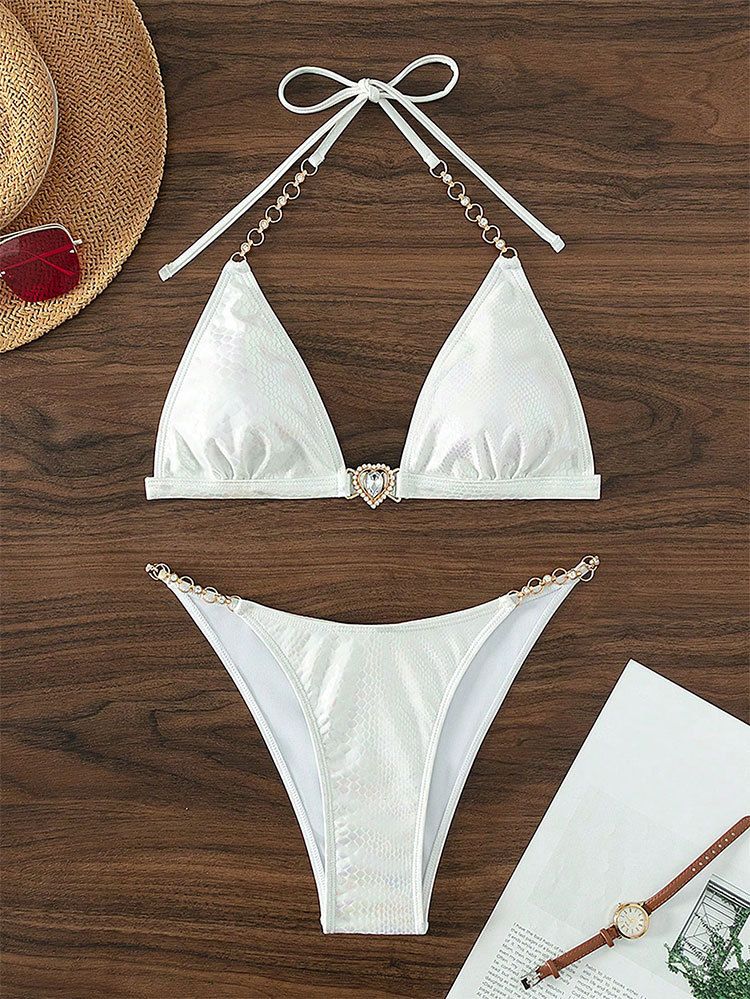 Sexigt bikiniset med snörning för kvinnor - Enfärgade bronsfärgade badkläder för strand och pool_voghion.com