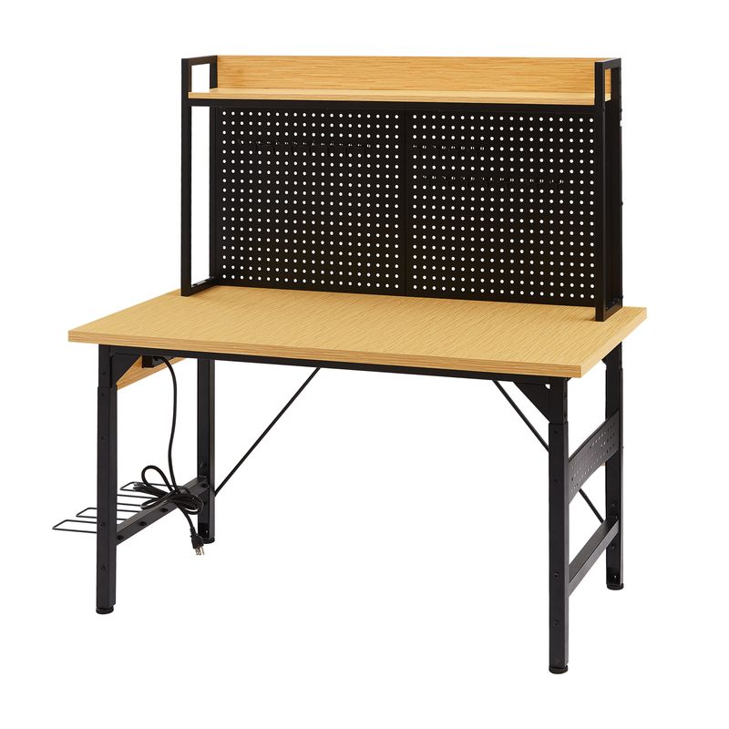 48''Adjustable Workbench With Pegboard, Heavy Duty Wooden Desktop Workbench With Wheels, 1600 Lb. Load Capacity, Rolling Workbench With AC/USB Outlet, Hooks, Shelf, For Garage, Workshop, Office, Home._voghion.com