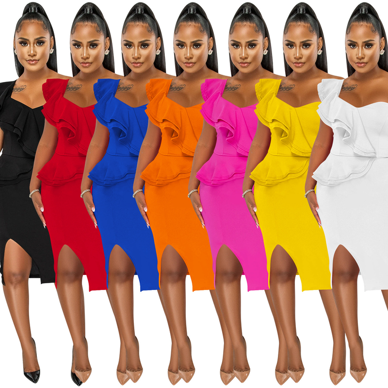 Damenbekleidung, modisches, lässiges, gerüschtes, schulterfreies Kleid mit Schlitz und Ärmeln_voghion.com