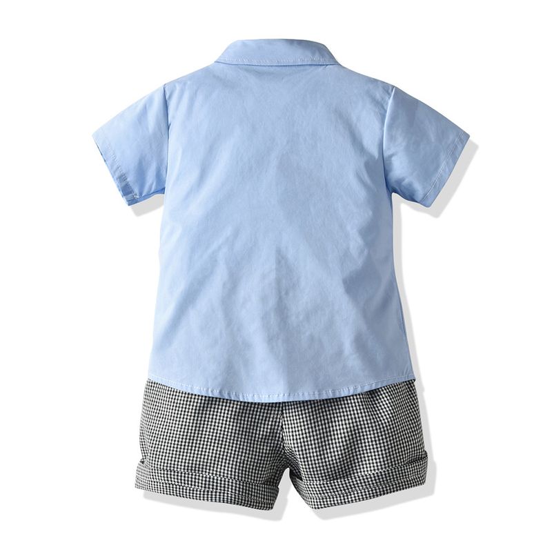 Children's Spring and summer new boys' suit lapel short-sleeved white shirt dress houndstooth plaid overalls shorts_voghion.com