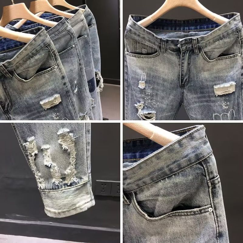 Distressed Jeans für den Herrensommer, neue trendige Hosen im koreanischen Stil, Slim Fit, helle, verkürzte Leggings_voghion.com