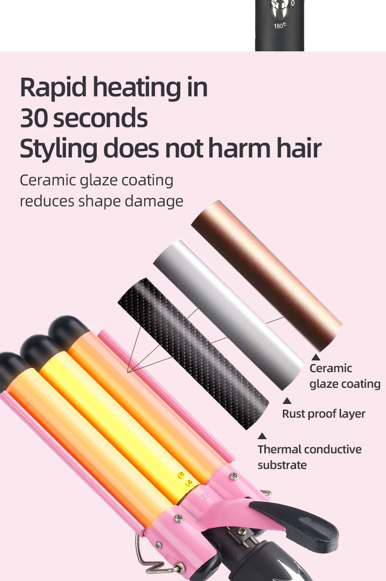 Piastra elettrica arricciacapelli rosa a tre tubi, piastra per capelli con onde ad acqua, piastra per capelli con ricci grandi_voghion.com