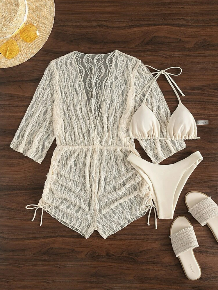 Langermet mesh korsett badedrakt dame høy midje snøring solkrem cover-up tredelt bikini_voghion.com