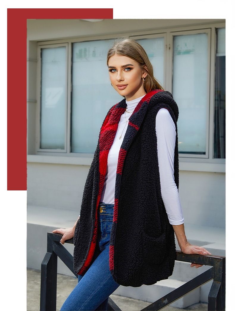 Cardigan ample à capuche sans boutons pour femmes, veste en peluche à carreaux_voghion.com