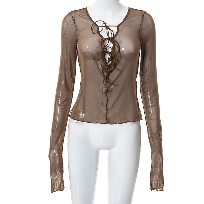 Plus Nine Q21TP300 Summer New Solid Color Lace up Neck Hanging Perspective Split Long sleeved Women's Top_voghion.com