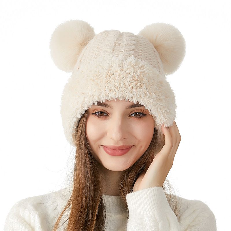 Cute Bear For Women Thickened Plush Warm Furry Beanie Autumn Winter Large Head Circumference Knitted Hat_voghion.com