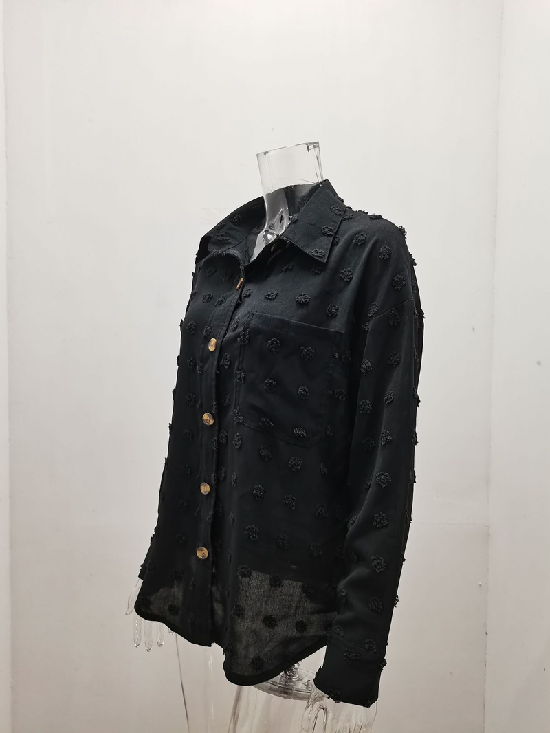 Dameklær Ensfarget chiffon-skjorte med jacquard-polokrage og lange ermer og løse knapper i cardigan-topp_voghion.com