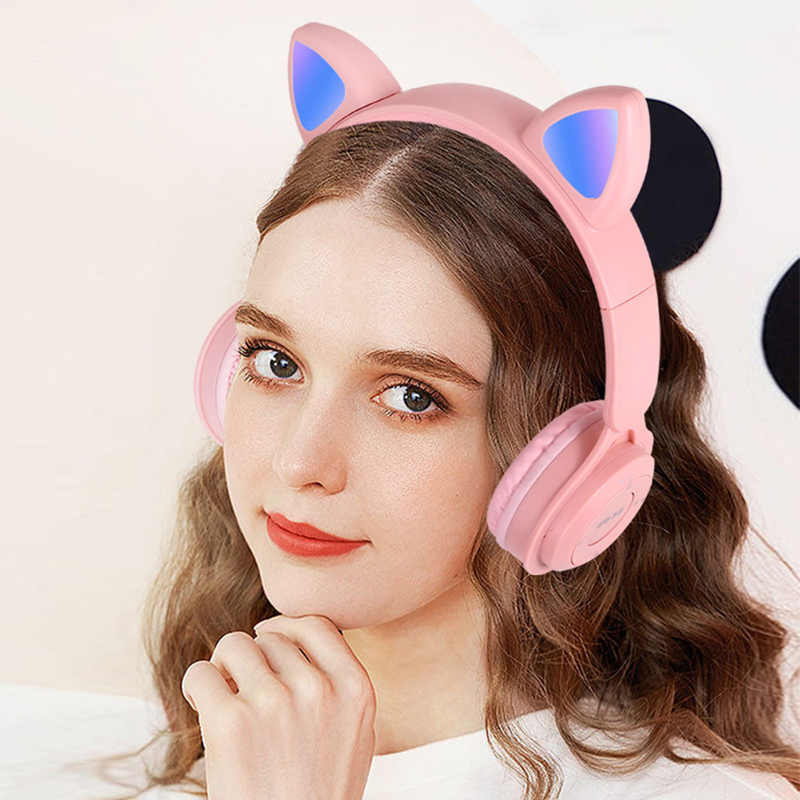 MZ08 Headphone Bluetooth 5.0 Reduction Heavy Bass Foldable Storage Cute Cat with Gradient Light Wireless Headset Office_voghion.com