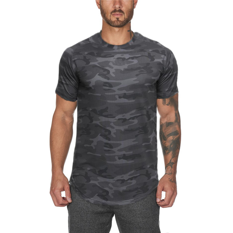 Fitness Short Sleeve T-shirt Men's Elastic Camo Fitness Shirt Sweat-absorbing Sports Running Slim Fit Training Fitness_voghion.com