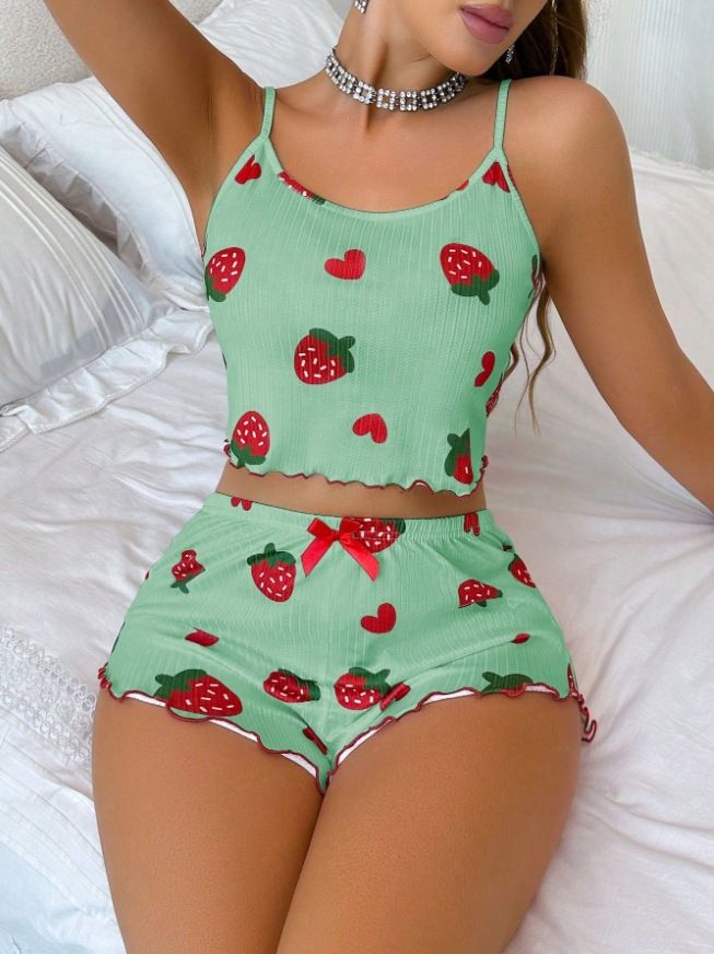 Zweiteiliges Set aus Camisole-Shorts mit Herz-Print und sexy Loungewear aus Milchseide_voghion.com