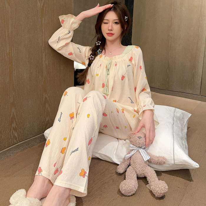 Coole Nachtwäsche aus Baumwolle für Damen im Frühjahr und Herbst 2024, süße Ärmel-Langhose im Prinzessinnen-Stil, zweiteiliges_voghion.com