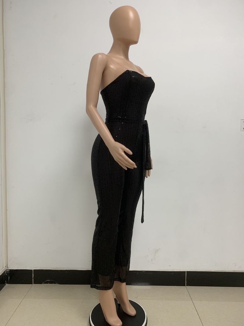 Dametøj Ærmeløs pailletterbæltejumpsuit ensfarvet tubetop rygløs jumpsuit_voghion.com