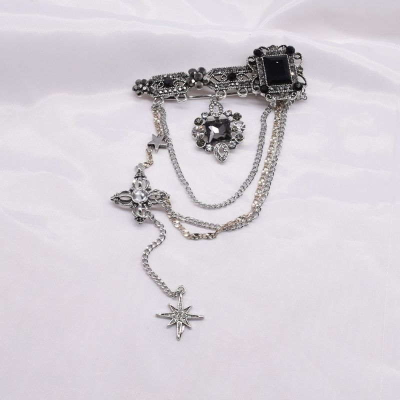 Ins Style Retro Fashion Dark Style Cool Handsome Black Gemstone Sparkling Diamond Star Tassel Chain Brooch Suit Accessories Trend_voghion.com
