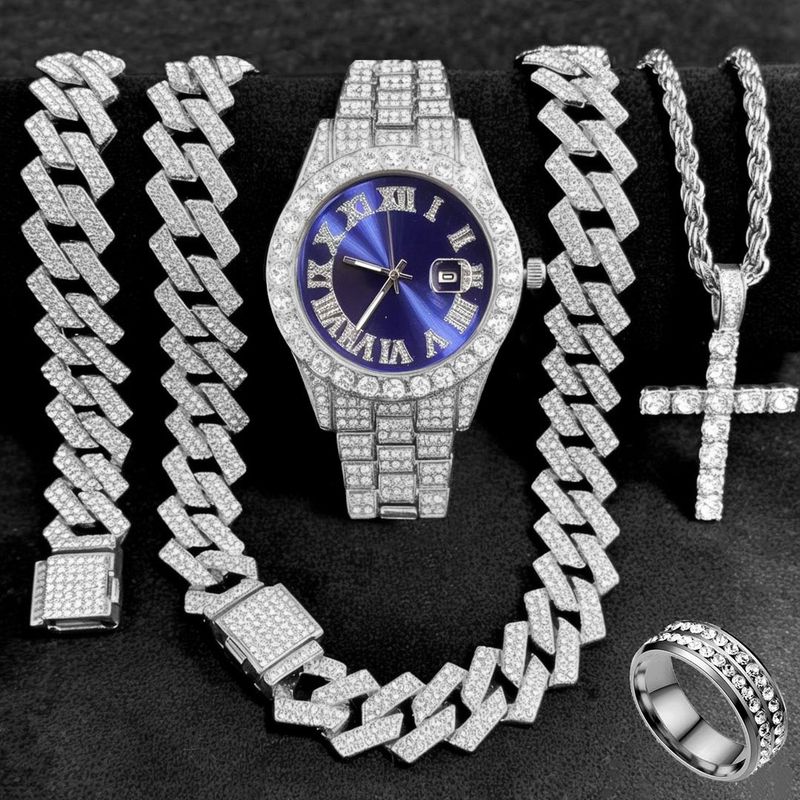 FENSIR Orologio al quarzo con diamanti e set di gioielli con catena a maglie cubane e ciondolo a croce - Accessori moda da 5 pezzi per uomo e donna_voghion.com