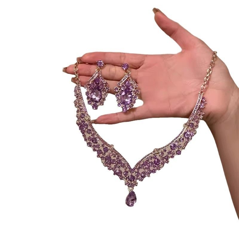 Heavy Craft Super Shiny Purple Rhinestone Water Drop Necklace For Women Light Luxury Palace Style Elegant High-end Set_voghion.com