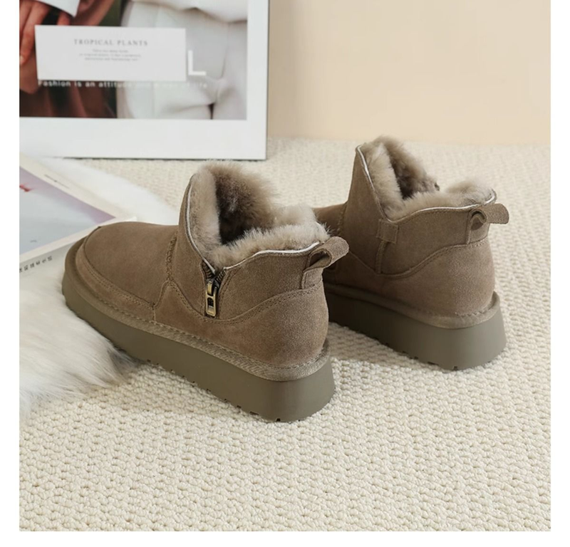 Nordeste com sola grossa de neve com zíper para botas curtas femininas com pele integrada, pelúcia de lã e espessada_voghion.com