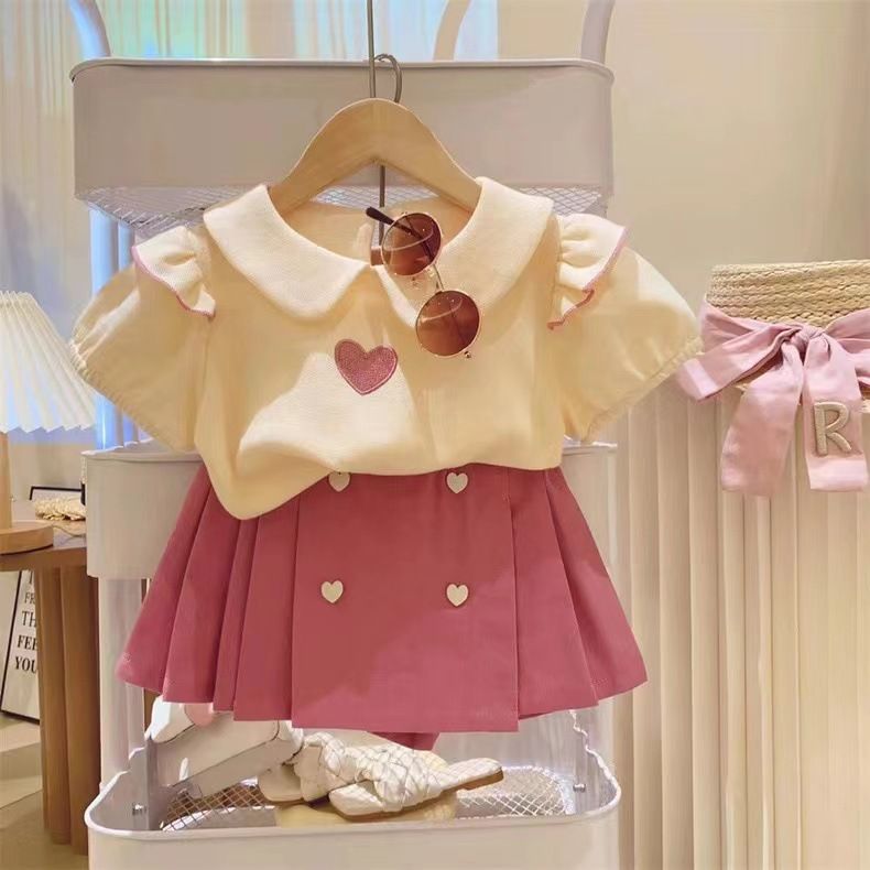 Børnetøj piger jakkesæt sød kærlighed broderet korte ærmer plus shorts todelt jakkesæt_voghion.com