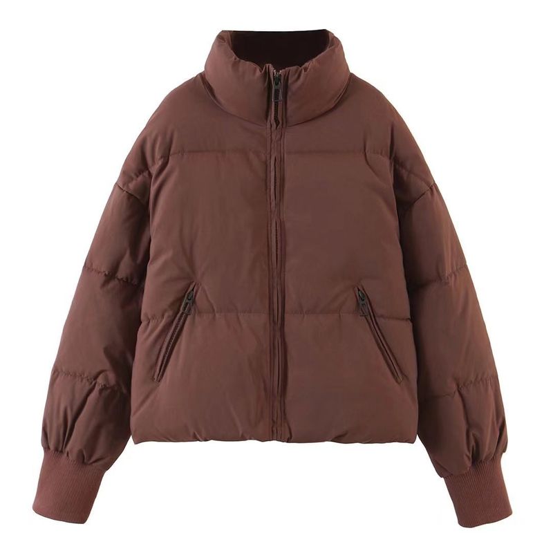 Women's Oversized Puffer Jacket, Short Casual Coat With Stand Collar, Cotton-Polyester Blend, Zip Front, Warm Winter Outerwear_voghion.com