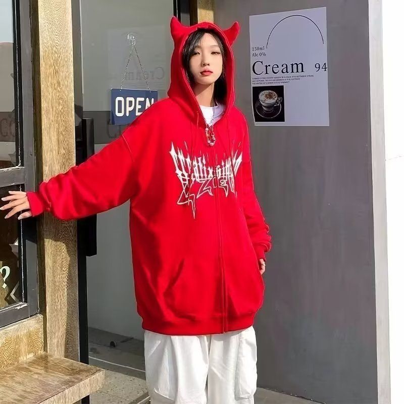Men's hooded spring and autumn ins loose fashion label letter printed versatile jacket 2024 plush_voghion.com