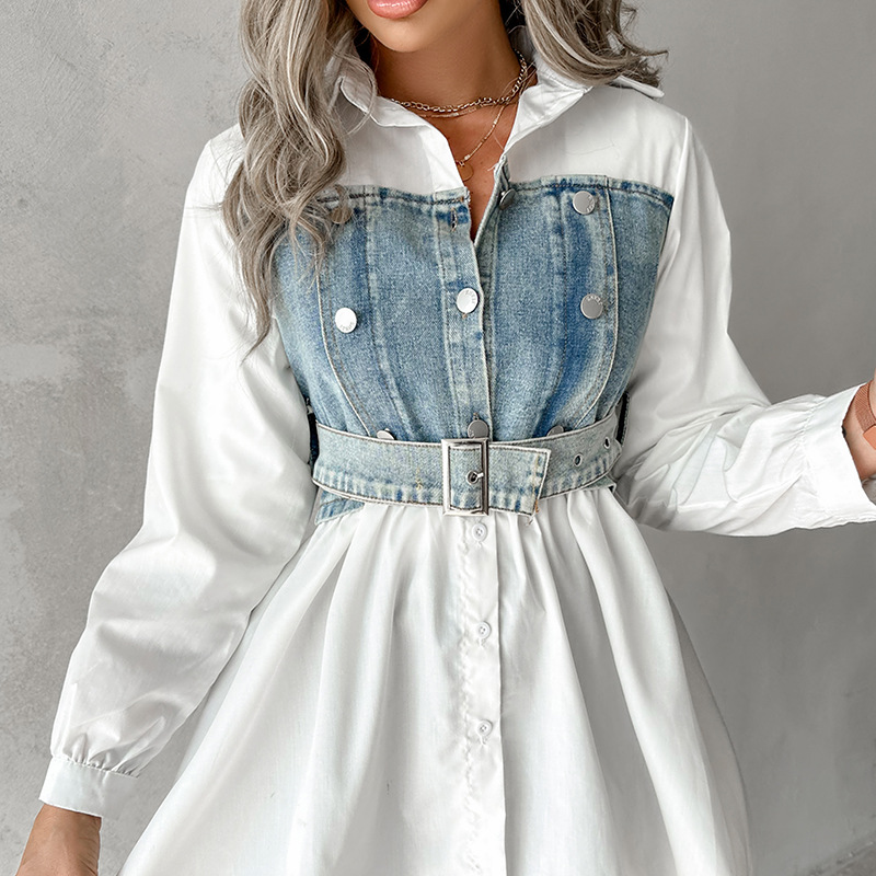 Parte superiore della camicia di giunzione in denim con bottoni da donna alla moda New Source da 361 g_voghion.com