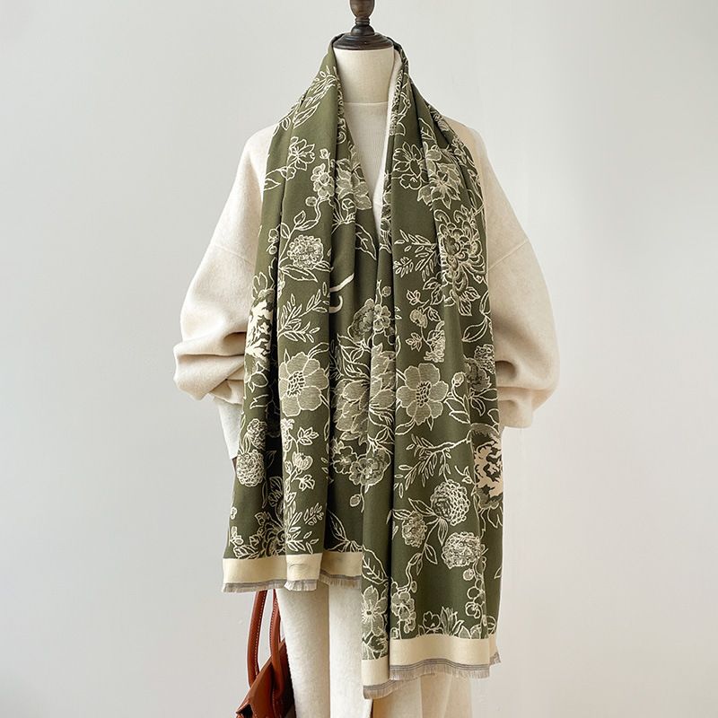 Sciarpa calda da donna in cashmere con motivo floreale versatile autunnale e invernale, stile Hong Kong, alla moda, con barba corta_voghion.com