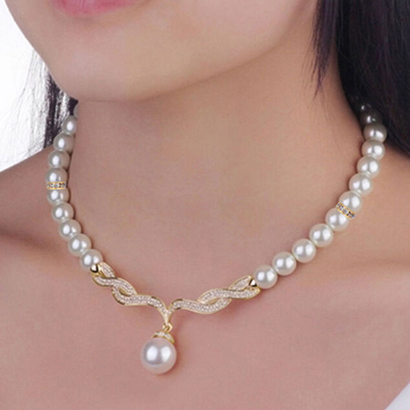 Qianbihe Bridal Women Naszyjnik Perła Kryształki Charms Kolczyki Ślubne Zestaw Biżuterii_voghion.com