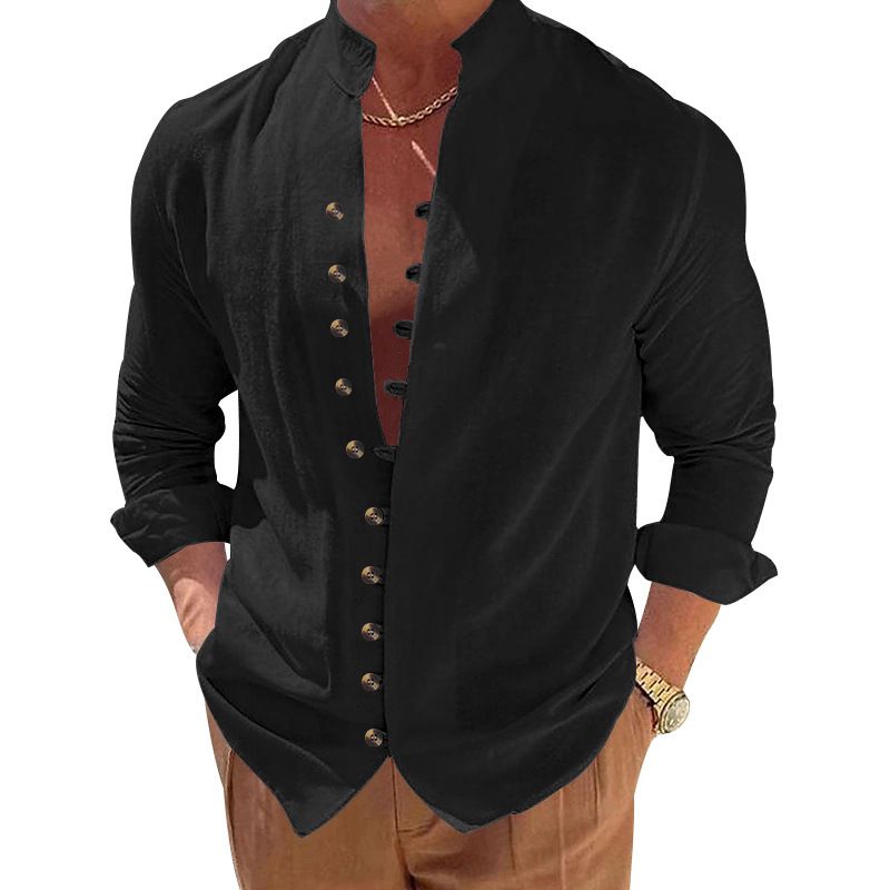 Camicia casual a maniche lunghe larga in lino da uomo con bottoni, autunno 2024_voghion.com