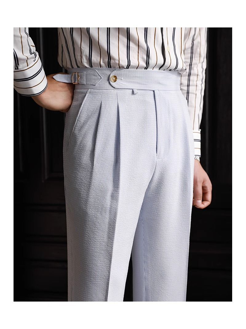 Herren Sommer Seersucker Paris Button Naples Blau Gestreift Hohe Taille Gerades Bein Britische Freizeithose_voghion.com