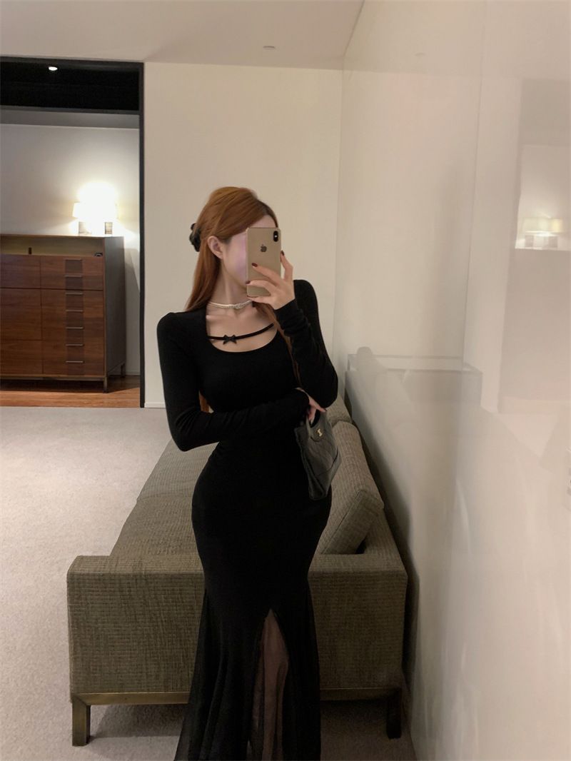 Schwarzer Fischschwanz für Frauen im Herbst, Slim Fit und Schlankheits, Hüftbetonter Rock, französisches Nischendesign, atemberaubendes Mesh lang_voghion.com