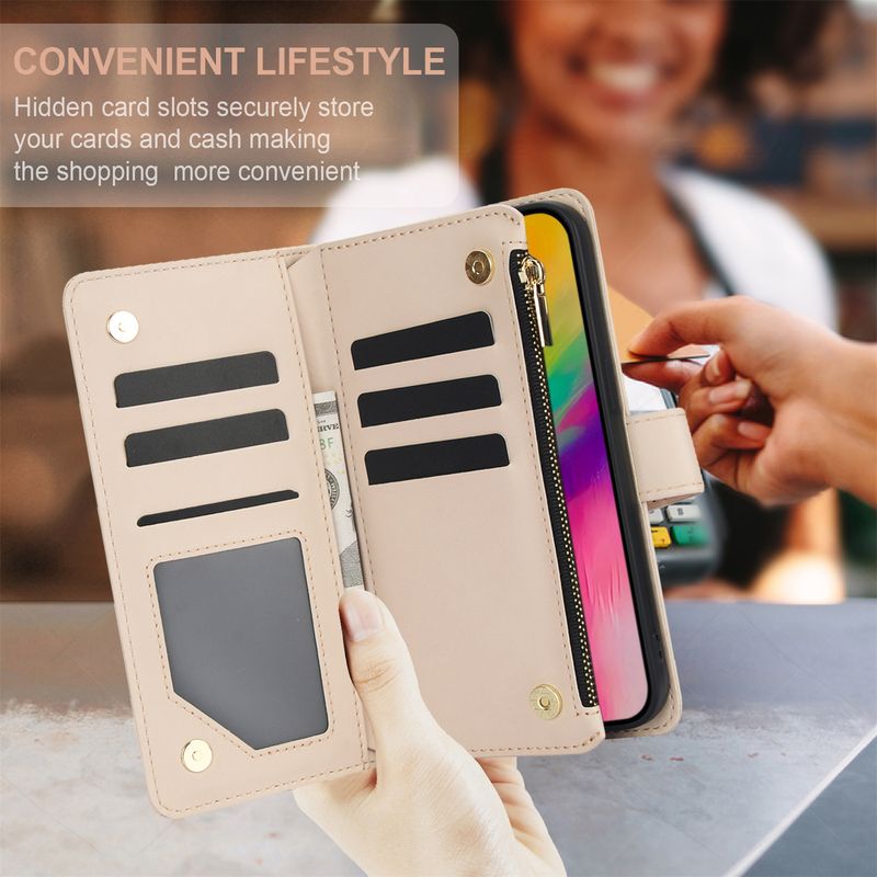 Custodia a portafoglio per iPhone 16e/16/15/14/13/12/11 XS Max Plus/Tracolla regolabile con cerniera, porta carte con supporto e cinturino da polso staccabile_voghion.com