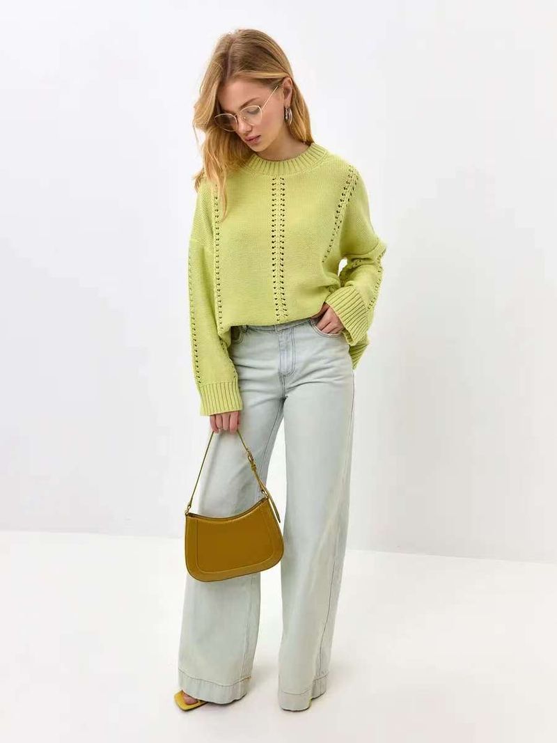 Breathable Knit Sweater Women's Oversized Loose Fit Round Neck Lace Crochet Pullover Top - Soft Acrylic Polyester Blend Yarn_voghion.com