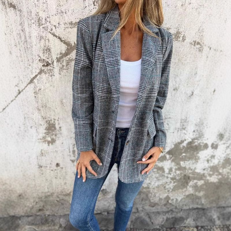 Giacca cardigan autunno/inverno 2025 da donna, casual e alla moda, con risvolto pied de poule_voghion.com