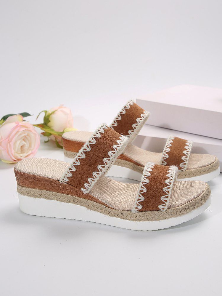 Women’s Shoes New Rope Woven Edge Wedge Slippers For Women Thick Bottom One Word Strap_voghion.com