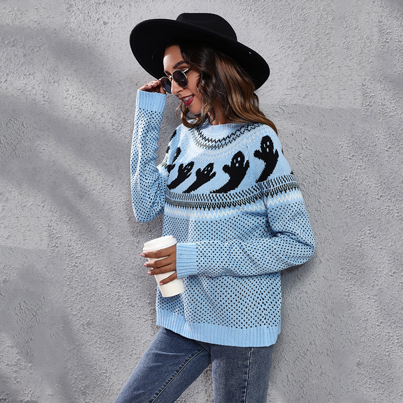 "Maglione oversize a pois con maniche a lanterna e motivo fantasma di Halloween Y2K 2025 | Streetwear per festival europei"_voghion.com