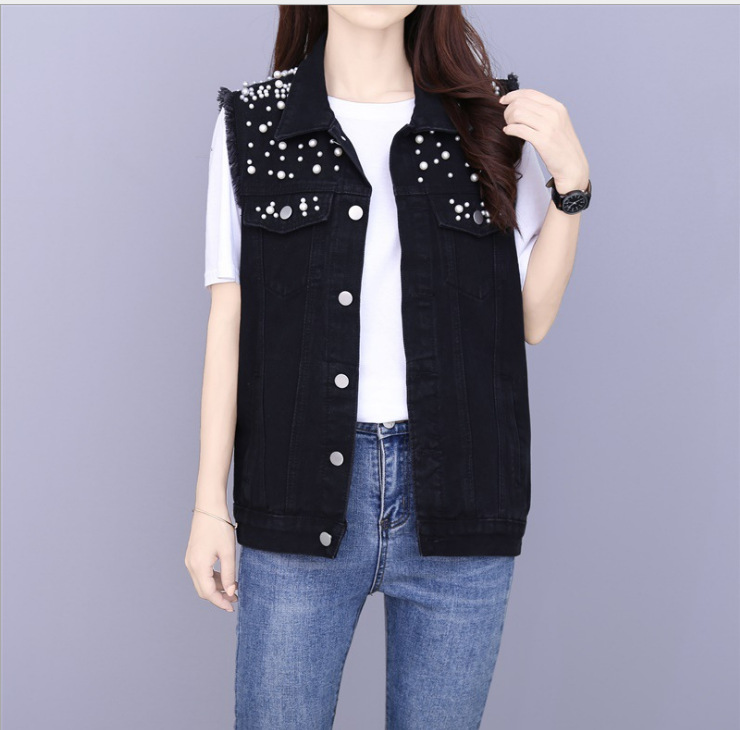 Chaqueta vaquera de manga larga para mujer, chaqueta vaquera holgada con botones y perlas, solapa corta, informal salvaje, entrega rápida, novedad de otoño de 2023_voghion.com