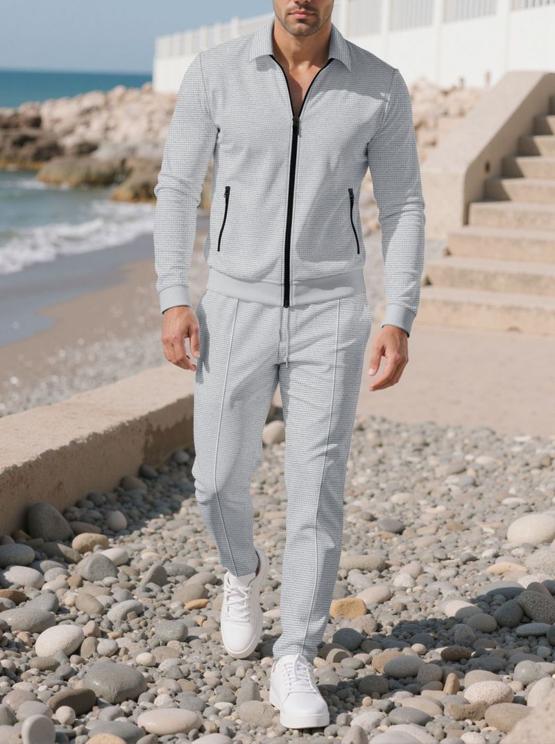 Herren Freizeitanzüge Langarm Tasche Reißverschluss Hemd Jacke Hose Zweiteiliger Anzug Männer_voghion.com