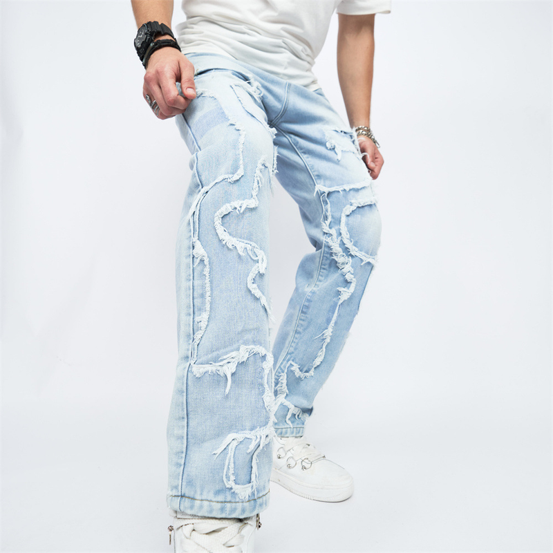 Men's  and womenCross-border washed jeans for  in spring and autumn American retro raw edge design loose straight wide-leg floor mopping pants_voghion.com
