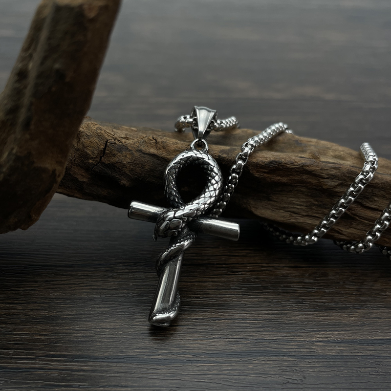 Manba Snake Cross Pendant Trendy Men's Personalized Titanium Steel Necklace_voghion.com