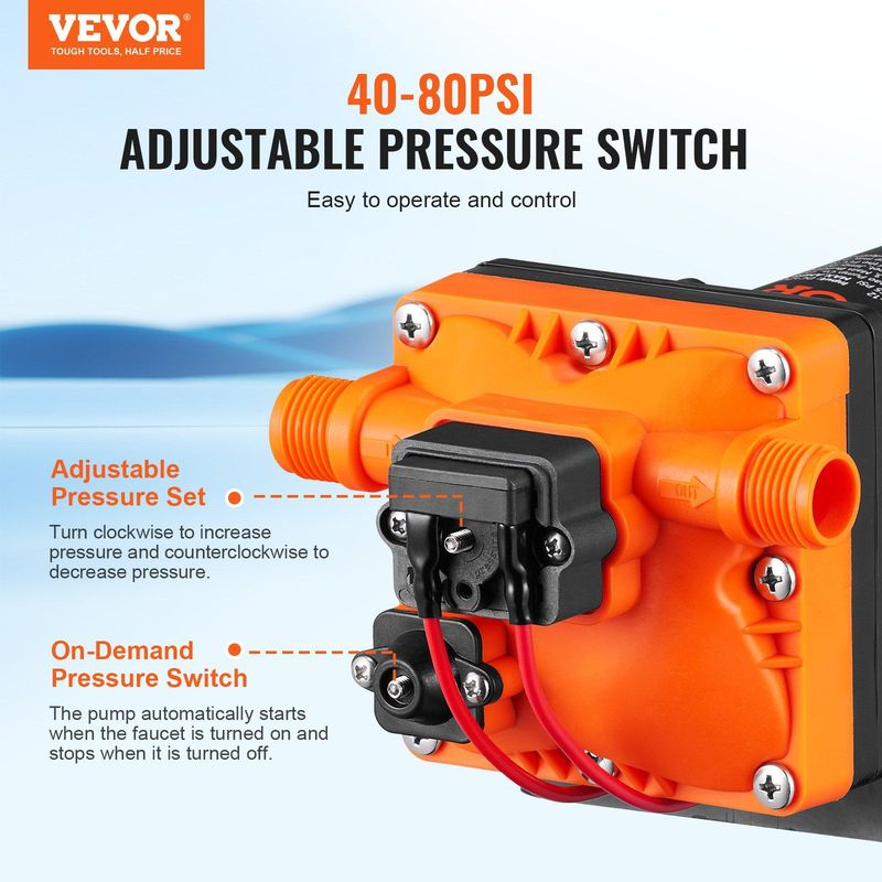 VEVOR Water Diaphragm Pump, 12V DC, 3.5 GPM Flow, 55 PSI Rated Pressure (40-80 PSI Adjustable), 1/2" MNPT Self Priming Sprayer Pump With Pressure Switch For RV Camper Marine Boat Lawn, FCC Certified_voghion.com