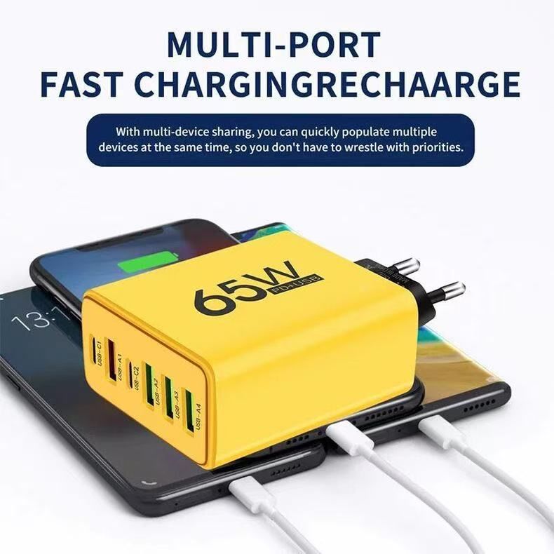 65W 6-Port Fast Charger With Dual PD Type-C & 4 USB Ports – Universal GaN Wall Charger For IPhone, Samsung, IPad, Laptops (US/EU/UK Plug Options)_voghion.com