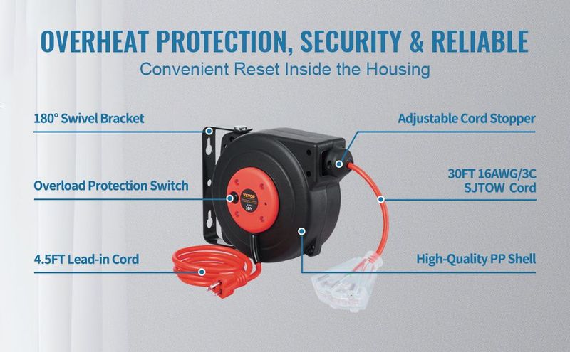 VEVOR Retractable Extension Cord Reel Power Cord Reel 30FT 16AWG/3C SJTOW_voghion.com